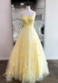 Yellow Spaghetti Strap Long Prom Dresses, A Line Prom Dresses