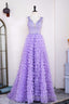 Lavender Plunging V Neck Appliques Layers Long Prom Dress with Slit