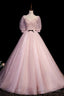 Pink V Neck Tulle Long Prom Dress, A Line Short Sleeves Prom Dress