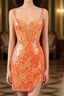 Orange Double Spaghetti Straps Glitter SequinTight Homecoming Dress