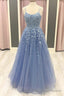 Blue Tulle Lace Applique Long Prom Dress, Lace Formal Dress