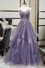 Purple Tulle A Line V Neck Spaghetti Straps Prom Dress With Lace Appliques