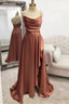 A Line Bateau Spaghetti Straps Long Dress Floor Length Satin Prom Dress With Pleated Split
