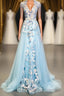 Modest Square Neckline Beading Appliques Sky Blue Long Prom Dresses Pageant Gown