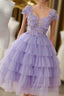 A Line Applique Lilac Tulle Short Homecoming Dress With Layered