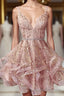 Cute Sequins Pink Homecoming Dress V Neck Beaded Short Prom Dress