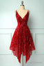 Burgundy Lace V Neck Short Prom Dress, A Line Irregular Hem Prom Dress