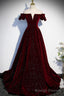 Burgundy Velvet Long Prom Dresses, Off the Shoulder Formal Evening Dresses