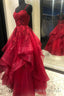 Red Lace Long Prom Dresses, Red Backless Formal Prom Dresses