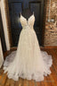 White Tulle Sequins Long Prom Dresses, A Line Backless Prom Dresses