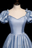 Cute Satin Long Prom Dresses, Blue Short Sleeve A Line Prom Dresses
