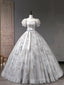 Gray Tulle Sequins Long Prom Dress, A Line Short Sleeve Prom Dress