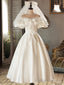 White Satin Lace Short Prom Dress, White Prom Dress, Wedding Dress