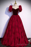 Burgundy Velvet Long A Line Prom Dress, Short Sleeve Prom Dress