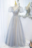 Gray Tulle Beading Long Prom Dresses, A Line Short Sleeve Formal Prom Dresses