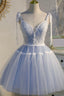 Blue Lace Short A Line Prom Dress, Cute Spaghetti Strap Prom Dress