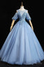 Blue Lace Long A Line Prom Dresses, Blue Prom Dresses