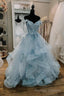 Blue Tulle Lace Long Prom Dresses, Off the Shoulder Prom Dresses