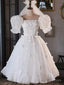White Tulle Short A Line Prom Dress, Cute Puff Sleeve Prom Dress