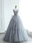 Gray Strapless Tulle Lace Long Prom Dress, A Line Prom Prom Dress