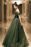 Beautiful Green Tulle Long Prom Dress, A-Line Off the Shoulder Graduation Dress