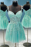 A Line Tulle Lace Short Prom Dress, Cute Spaghetti Strap Prom Dress