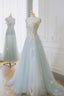 Blue Tulle Lace Long Prom Dress, A Line Strapless Prom Dress