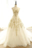 Long Champagne Strapless Tulle Lace Prom Dress, A Line Prom Dress with Train