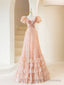 Pink Sequins Long Prom Dress, Lovely A Line Short Sleeve Prom Prom Dress