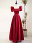 Burgundy Satin Short Sleeve Floor Length Prom Dress, Burgundy Prom Dress with Pearls