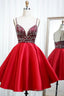 Red Satin Beading Short Prom Dresses, A Line Homecoming Dresses