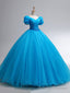 Beautiful Blue Rhinestone Floor Length Prom Dress, A Line Short Sleeve Prom Dress