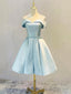 Simple Short Light Blue Satin Prom Dress, Blue A Line Off the Shoulder Prom Dress