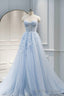 Blue Sweetheart Neck Lace Floor Length Prom Dress, Lovely Blue Prom Dress