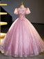 Pink Tulle and Lace Long Prom Dress with Sequins, Beautiful A Line Sweet 16 Dress