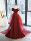 Mermaid V Neck Satin Long Prom Dress, Burgundy Off Shoulder Prom Dress with Bow