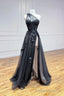 Black Tulle Lace Long Prom Dress, One Shoulder Prom Dress with Slit