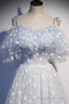 Blue Tulle Long Prom Dresses, Cute A Line Prom Dresses