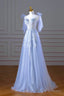 Blue Spaghetti Strap Tulle Lace Long Prom Dress, A Line Prom Prom Dress
