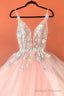 Pink V Neck Tulle Lace Long Prom Dresses, Pink Prom Dresses