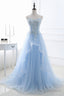 Blue Strapless Tulle Lace Long A Line Prom Dress, Blue Prom Dress