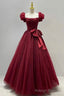 Burgundy Tulle Short Sleeve A Line Formal Dresses, Burgundy Prom Dresses