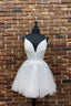 White V Neck Tulle Lace Short Prom Dresses, Lace Prom Dresses