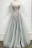 Gray Strapless Lace Long A Line Prom Gowns, Graduation Dress