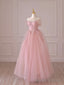 Pink Tulle Lace Long Prom Dress, Off the Shoulder Prom Dress