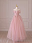 Pink Tulle Lace Long Prom Dress, Off the Shoulder Evening Dress