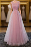 A Line Round Neck Tulle Long Prom Dresses Lace Prom Dresses