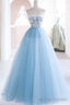 Blue Spaghetti Strap Tulle Beading Long A Line Prom Dresses