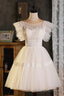 Cute Lace Short A Line Prom Dress, Champagne Prom Dress