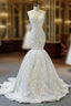 White Mermaid Sequins V Neck Appliques Beading Wedding Dress